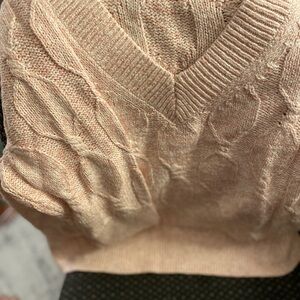 J. Jill Blush V-Neck Cable Knit Sweater 100% cotton Petite Large 3/4 sleeves